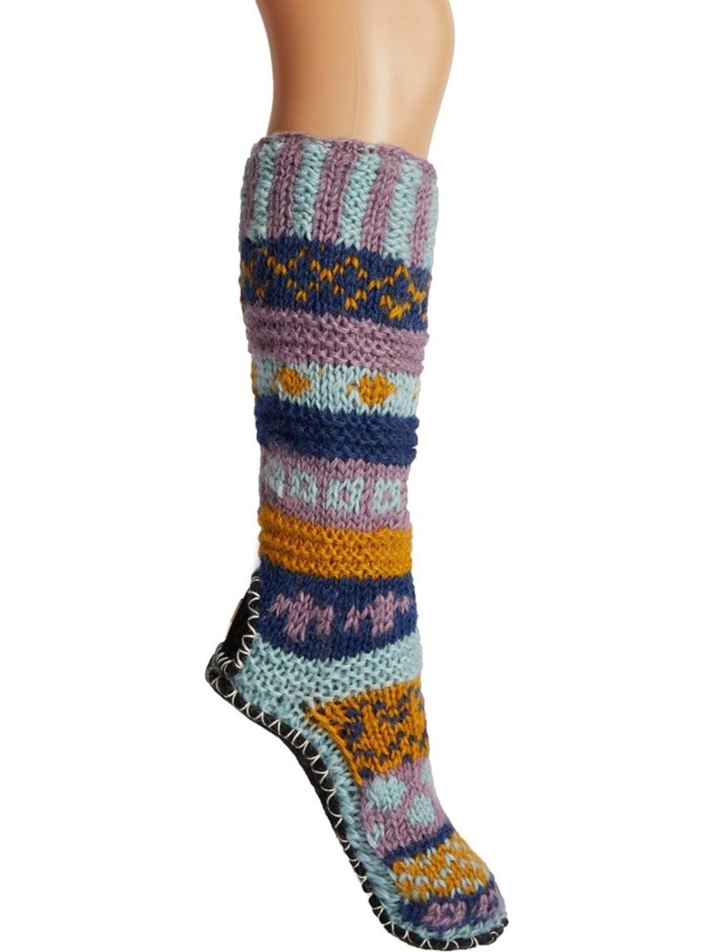 Cozy Hand-Knit Wool Fleece-Lined Long Slipper Socks with Non-Slip Soles